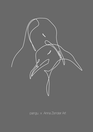 Hochwertiger limitierter minimalistischer Pinguin Fineline Kunstdruck mit feinen weißen Linien auf dunkelgrauem Hintergrund der Künstlerin Anna Zender.